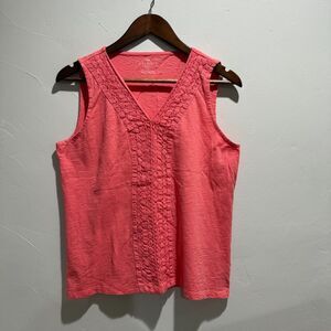 Talbots Sleeveless Cotton Shirt Pink Crochet Women's Size Large Petite